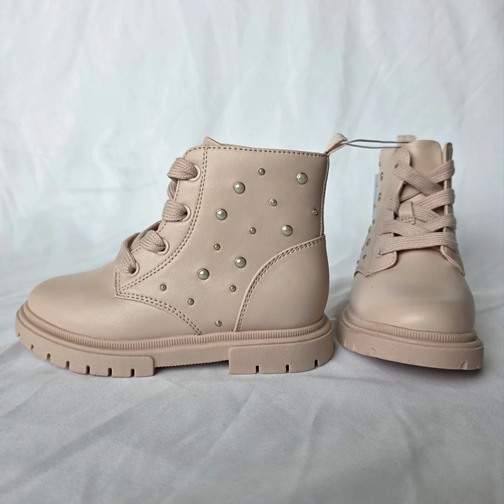 Cat & Jack Boots Blush Pink Amaya Lace Up Zipper Combat Boots With Pearls Baby